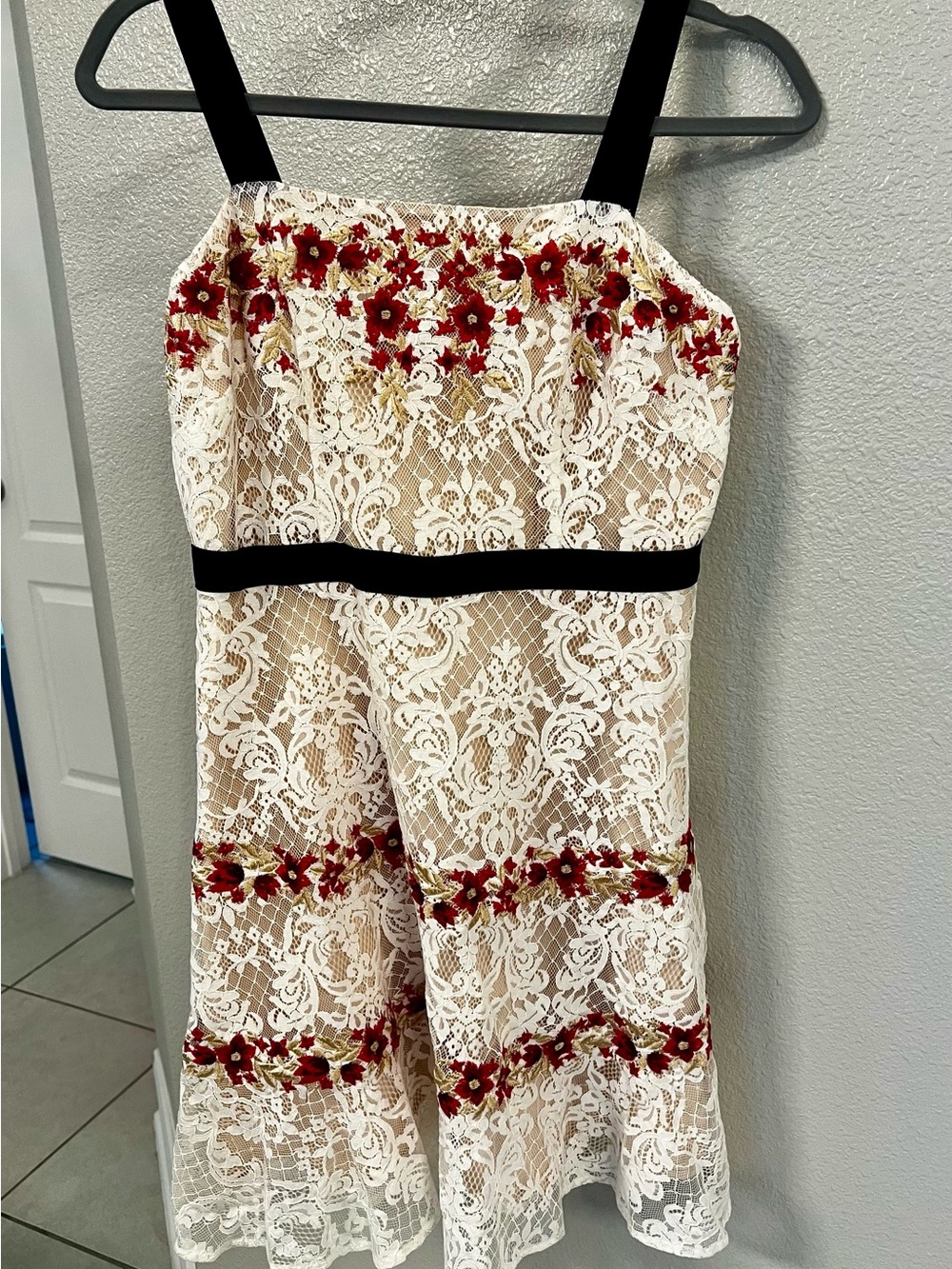 White Lace Dress with Red Floral Embroidery
